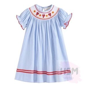 🦞Smocked Pinstriped Crawfish Bishop Embroidery Blue Dress 1522